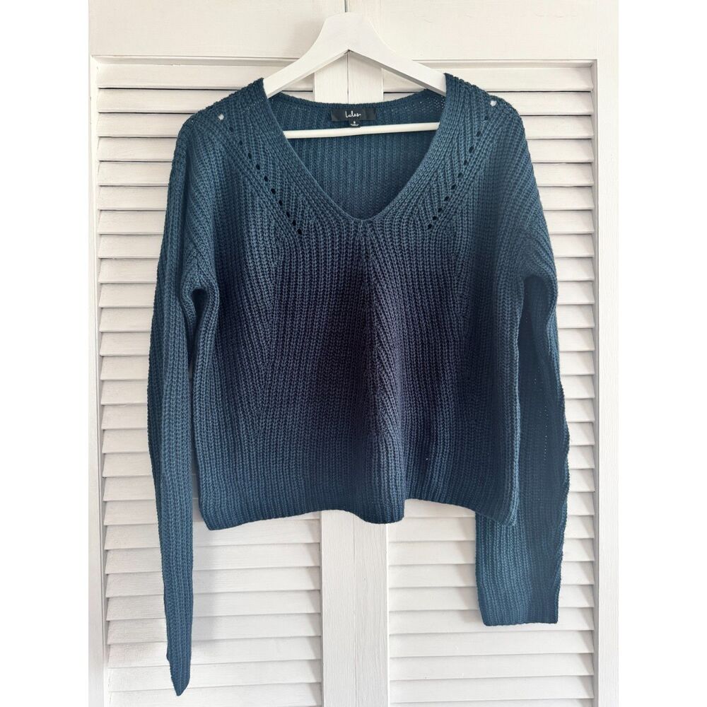 Lulus Sweater V-Neck Pointelle Ribbed Small Teal Womens Chunky Knit Pullover